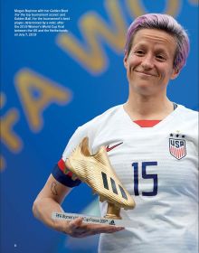 Book cover of Megan Rapinoe, featuring the footballer in action on the pitch for the U.S national soccer team. Published by Abbeville Press.