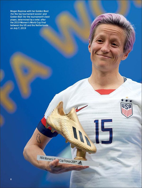 Book cover of Megan Rapinoe, featuring the footballer in action on the pitch for the U.S national soccer team. Published by Abbeville Press.