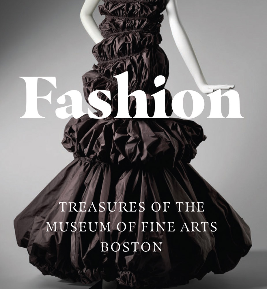 Book cover of Fashion: Treasures of the Museum of Fine Arts, Boston: Tiny Folio, with a mannequin wearing a ruched black dress bound with black tie. Published by Abbeville Press.