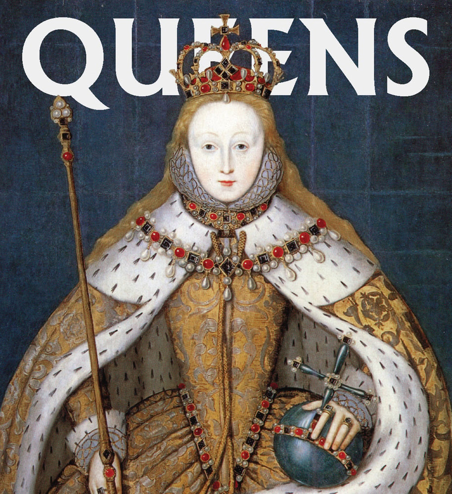 Painting of Queen Elizabeth I in gold dress with crown jewels, dark blue backdrop, Queens in white font above