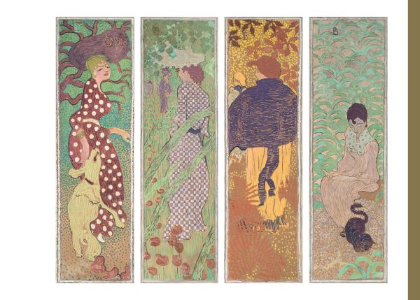 Landscape painting of a leafless tree with curled trunk framed in black with Japanese Screens in gold font above