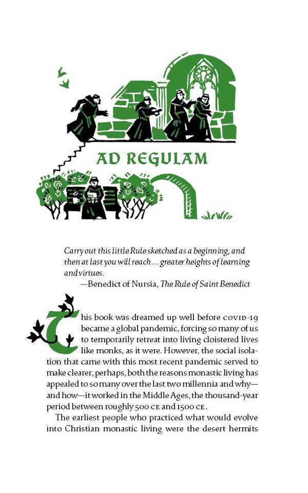 Book cover of How to Live Like a Monk: Medieval Wisdom for Modern Life, featuring monks gardening, painting, and riding a scooter. Published by Abbeville Press.