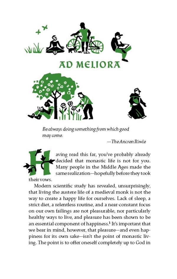 Book cover of How to Live Like a Monk: Medieval Wisdom for Modern Life, featuring monks gardening, painting, and riding a scooter. Published by Abbeville Press.