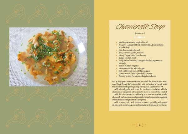 Book cover of Mushroom Foraging and Feasting, featuring a basket of gold and white mushrooms on table. Published by Abbeville Press.