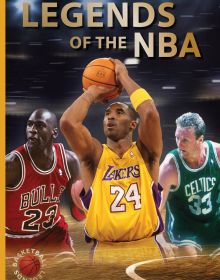 Michael Jordan, Kobe Bryant and Larry Bird superimposed in action on basketball court, on cover of 'Legends of the NBA', by Abbeville Press.