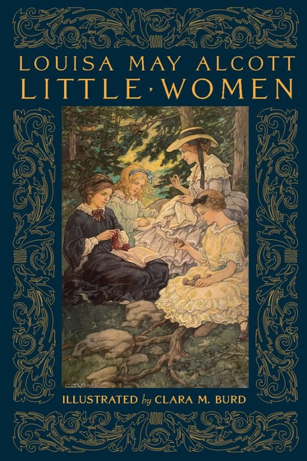 Book cover of Little Women, featuring an illustration of sisters Meg, Jo, Beth, and Amy March sitting under tree. Published by Abbeville Press.
