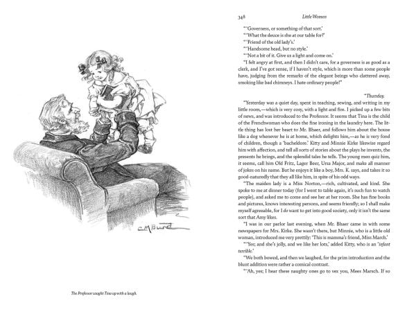 Book cover of Little Women, featuring an illustration of sisters Meg, Jo, Beth, and Amy March sitting under tree. Published by Abbeville Press.