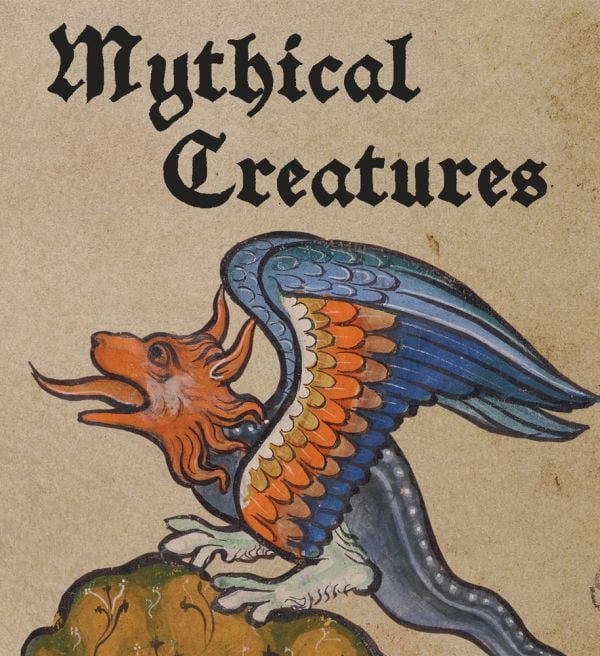 Book cover of Mythical Creatures, with a fire-breathing dragon with large wings, perched on rock. Published by Abbeville Press.