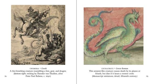 Book cover of Mythical Creatures, with a fire-breathing dragon with large wings, perched on rock. Published by Abbeville Press.