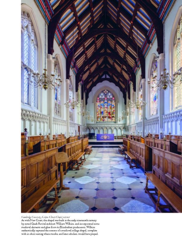 Book cover of Academia, Collegiate Gothic Architecture in the United States', with a grand interior of University of Michigan Law Library, with large stained glass window and low hanging candelabras. Published by Abbeville Press.