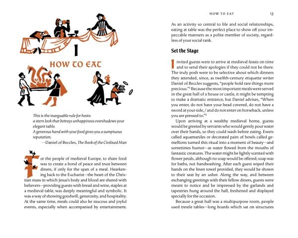 Book cover of Chivalry and Courtesy, Medieval Manners for Modern Life, with a knight in armour riding motorcycle, presenting flowers to female with a banquet feast below. Published by Abbeville Press.