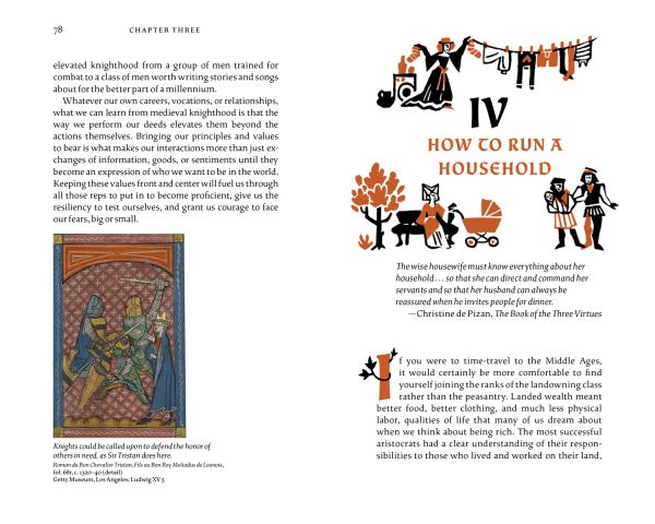 Book cover of Chivalry and Courtesy, Medieval Manners for Modern Life, with a knight in armour riding motorcycle, presenting flowers to female with a banquet feast below. Published by Abbeville Press.