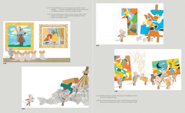 White book cover of Leo Lionni Storyteller, Artist, Designer, with grey collage mouse holding a red flower, hiding behind rock. Published by Abbeville Press.