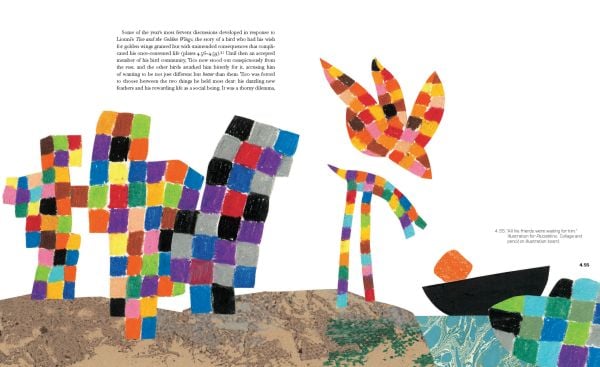 White book cover of Leo Lionni Storyteller, Artist, Designer, with grey collage mouse holding a red flower, hiding behind rock. Published by Abbeville Press.