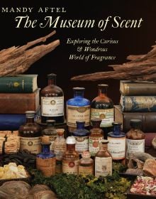 Book cover of The Museum of Scent, Exploring the Curious and Wondrous World of Fragrance, with a collection of antique perfume bottles surrounded by old books and chunks of wood. Published by Abbeville Press.
