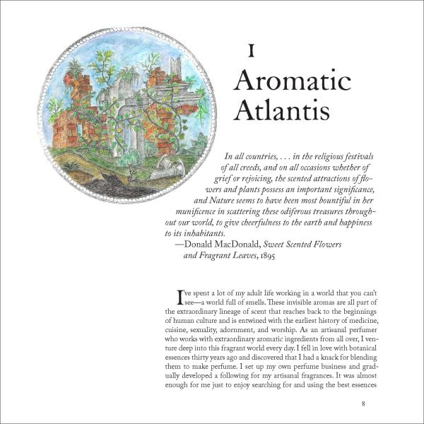 Book cover of The Museum of Scent, Exploring the Curious and Wondrous World of Fragrance, with a collection of antique perfume bottles surrounded by old books and chunks of wood. Published by Abbeville Press.