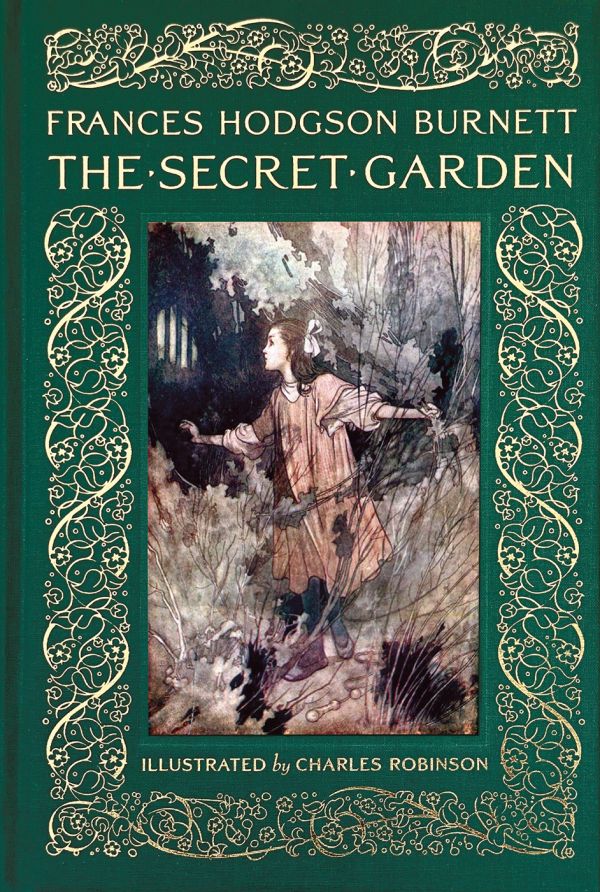 Book cover of The Secret Garden', with a young girl trying the handle of a secret door. Published by Abbeville Press.