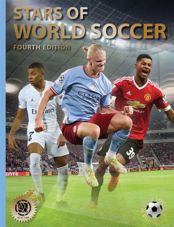 Book cover of Illugi Jökulsson's fourth edition of Stars of World Soccer, featuring footballers Kylian Mbappé, Erling Haaland and Marcus Rashford, in action on the pitch. Published by Abbeville Press.