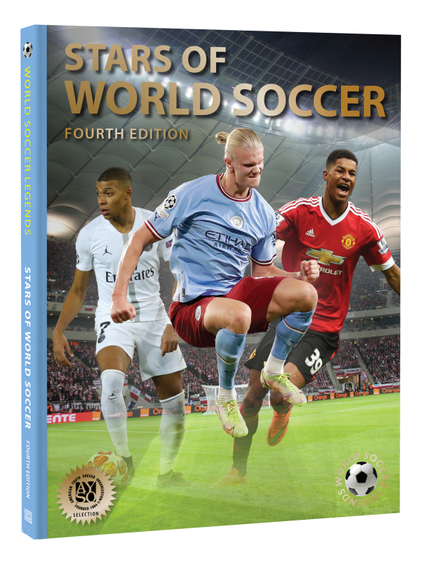 Book cover of Illugi Jökulsson's fourth edition of Stars of World Soccer, featuring footballers Kylian Mbappé, Erling Haaland and Marcus Rashford, in action on the pitch. Published by Abbeville Press.