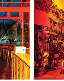 Book cover of New York Bars at Dawn, with the dark interior of 7B Horseshoe Bar aka Vazacs with juke box. Published by Abbeville Press.