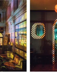 Book cover of New York Bars at Dawn, with the dark interior of 7B Horseshoe Bar aka Vazacs with juke box. Published by Abbeville Press.