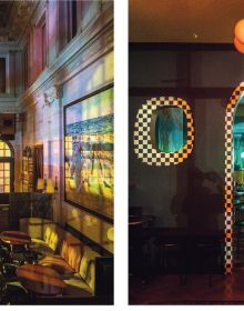 Dark interior of 7B Horseshoe Bar aka Vazacs with juke box, on cover of Daniel Root's photobook, 'New York Bars at Dawn', by Abbeville Press.