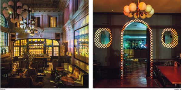 Book cover of New York Bars at Dawn, with the dark interior of 7B Horseshoe Bar aka Vazacs with juke box. Published by Abbeville Press.