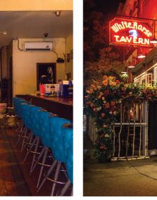 Dark interior of 7B Horseshoe Bar aka Vazacs with juke box, on cover of Daniel Root's photobook, 'New York Bars at Dawn', by Abbeville Press.