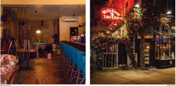 Book cover of New York Bars at Dawn, with the dark interior of 7B Horseshoe Bar aka Vazacs with juke box. Published by Abbeville Press.