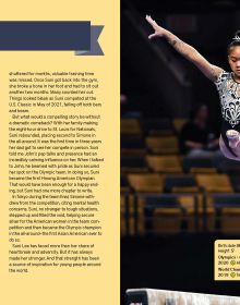 Book cover of Legends of Women's Gymnastics, with American gymnast Simone Biles wearing sparkly red leotard, performing splits in air. Published by Abbeville Press.