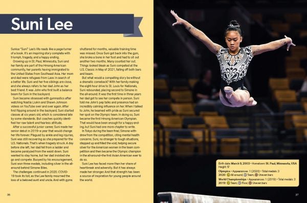 Book cover of Legends of Women's Gymnastics, with American gymnast Simone Biles wearing sparkly red leotard, performing splits in air. Published by Abbeville Press.