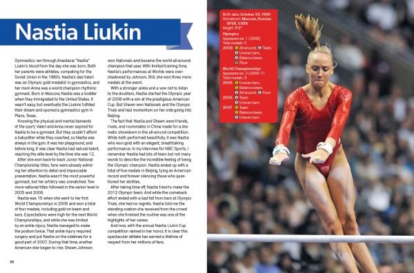 Book cover of Legends of Women's Gymnastics, with American gymnast Simone Biles wearing sparkly red leotard, performing splits in air. Published by Abbeville Press.
