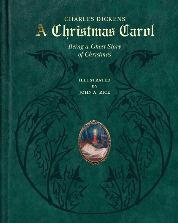 Book cover of A Christmas Carol: Being a Ghost Story of Christmas, with a book illuminated by candle light. Published by Abbeville Press.