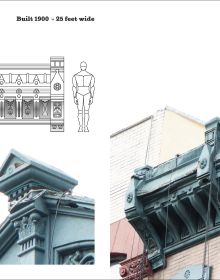 Book cover of Ornamental Cornices: Manhattan’s Sheet-Metal Masterpieces, featuring the decorative mould to the top of a building. Published by Abbeville Press.