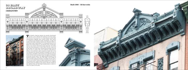 Book cover of Ornamental Cornices: Manhattan’s Sheet-Metal Masterpieces, featuring the decorative mould to the top of a building. Published by Abbeville Press.