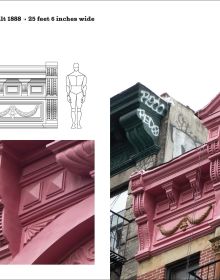 Book cover of Ornamental Cornices: Manhattan’s Sheet-Metal Masterpieces, featuring the decorative mould to the top of a building. Published by Abbeville Press.