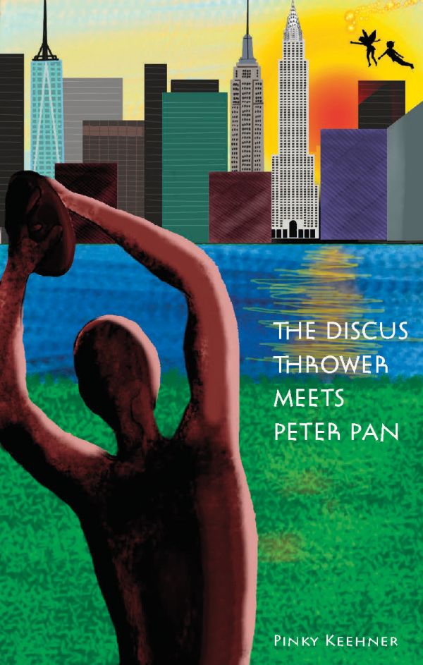 Book cover of The Discus Thrower Meets Peter Pan: A Story of the New York City Parks, with a figure holding up a discus in front of New York city. Published by Abbeville Press.