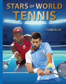 Book cover of Stars of World Tennis, with tennis players Coco Gauff and Novak Djokovic in action on the court. Published by Abbeville Press.