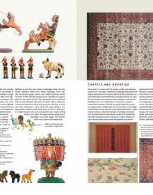Book cover of Handmade in India: A Geographic Encyclopedia of Indian Handicrafts, with a ceramic elephant, and floral print. Published by Abbeville Press.