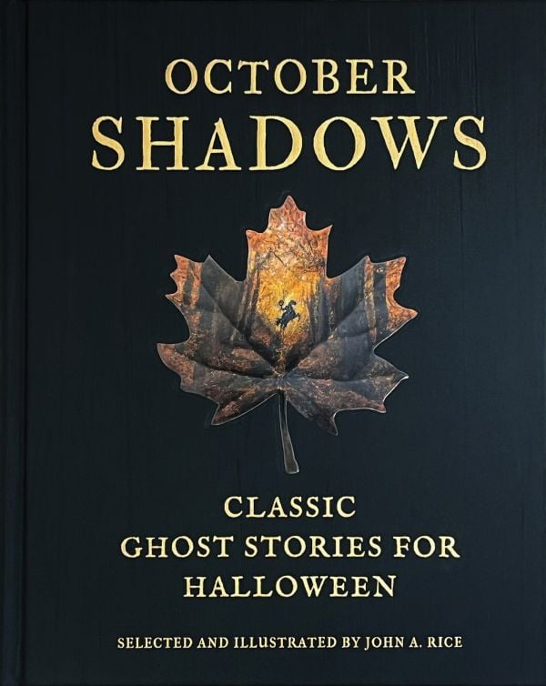 Book cover of October Shadows: Classic Ghost Stories for Halloween, featuring an autumn leaf. Published by Abbeville Press.