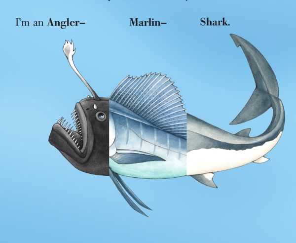Book cover of Flip-a-Fin: Make Your Own Wacky Sea Creature!; featuring the head of a shark and the tail of a seahorse. Published by Abbeville Press.