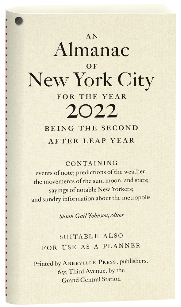 Sewn bound cream cover with An Almanac of New York City for the Year 2022 in black font
