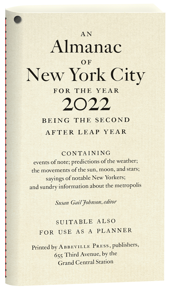 Sewn bound cream book cover of the pocket-sized guide, An Almanac of New York City for the Year 2022', published by Abbeville Press.