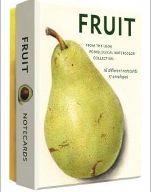 Notecard box of Fruit: Selections from the USDA Pomological Watercolor Collection, featuring a botanical watercolour of pear. Published by Abbeville Press.