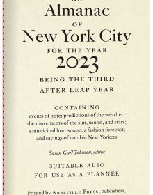 Sewn bound cream book cover of 'An Almanac of New York City for the Year 2023', published by Abbeville Press.