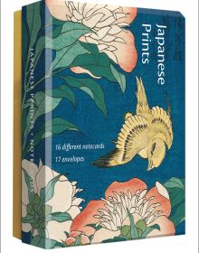 Box of Japanese Prints, Detailed Notecards with print of pale pink peonies and a yellow canary, by Hokusai, Japanese Prints. Published by Abbeville Press.