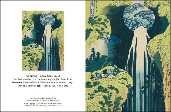 Box of Japanese Prints, Detailed Notecards with print of pale pink peonies and a yellow canary, by Hokusai, Japanese Prints. Published by Abbeville Press.