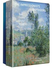 Notecard box of The Impressionists Outdoors, with an impressionist painting by Claude Monet titled View of Vetheuil, 1880. Published by Abbeville Press.