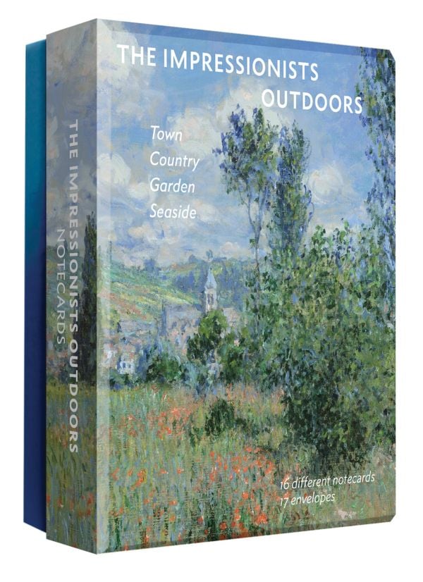 Notecard box of The Impressionists Outdoors, with an impressionist painting by Claude Monet titled View of Vetheuil, 1880. Published by Abbeville Press.