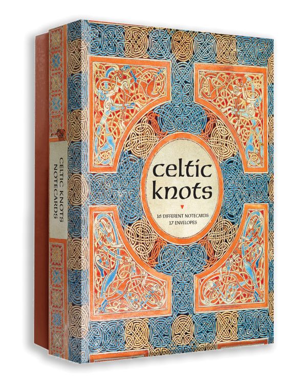 Notecard box of Celtic Knots - Notecard Set; featuring intricate knotwork in blue, and orange. Published by Abbeville Press.